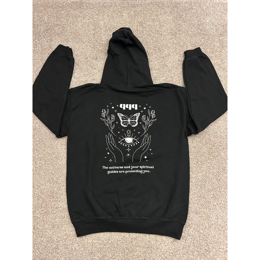 Gothic 444 Angel Number Hoodie Unisex Small Black Excellent Spiritual Butterfly